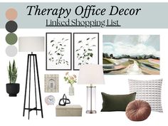 the therapy office decor link shopping list is displayed with pictures and lamps on display in front of