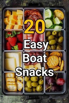 an open lunch box filled with different types of food and the words, 20 easy boat snacks