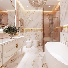 the bathroom is decorated in white and gold marble with a chandelier hanging from the ceiling