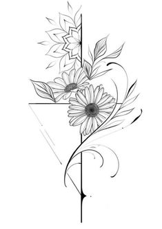 a black and white drawing of some flowers on a cross with leaves in the middle