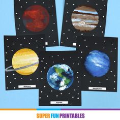 four pictures of different planets with the words super fun printables written on them