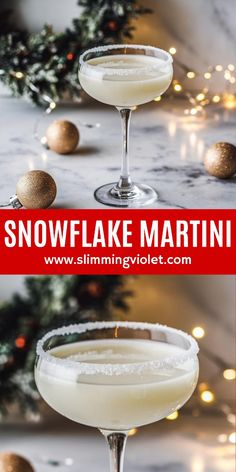 two glasses filled with snowflake martini next to christmas decorations