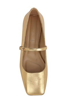 Add contemporary shine to your stride with this square-toed mary jane flat crafted from faux patent leather with cushy padding and a subtly sculpted heel. Cushioned footbed with arch support Synthetic upper and lining/rubber sole Imported Gold Flat Shoes, Gold Mary Janes, Gold Shoes Flats, Square Toe Mary Jane, Gold Flats, Mary Jane Flats, Fabric Gift Bags, 2024 Fashion, Shoe Obsession