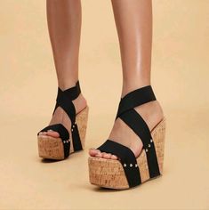 Nwot Black Wedge Platform Sandals With Studs & Elastic Bands. Super Cute For Summer! Us Size 10 Wedged Sandals, Cork Wedges Sandals, Ankle Strap Wedges, Strap Wedge, Black Wedge, Platform Wedge Sandals, Shoe Show, Sandals For Sale, Open Toe Sandals