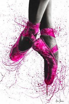 a pair of pink ballet shoes with paint splatters all over the feet and ankles