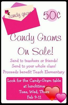 a pink and white flyer for candygramms on sale