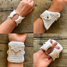 four pictures of different types of crocheted bracelets with gold rings on them