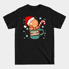 a black t - shirt with an image of a coffee cup and candy cane