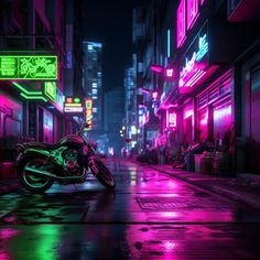 a motorcycle parked on the side of a city street at night with neon lights in the background