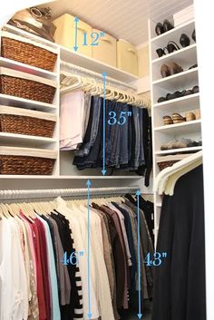 the closet is full of clothes and shoes, with measurements for each item in it