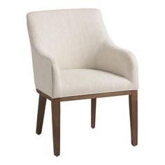 an upholstered chair with wooden legs and a light gray fabric seat pad on a white background