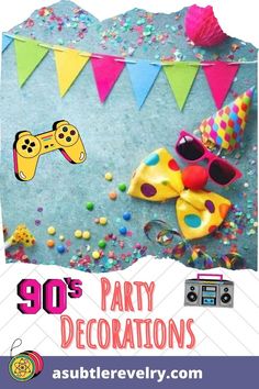 an image of party decorations with the words 90's party decorations on it and some confetti