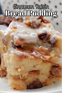 cinnamon raisin bread pudding on a plate with the title in the middle reads cinnamon raisin bread pudding