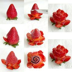 several images of strawberries being cut into flowers