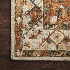 an area rug on top of a wooden floor with a brown and blue border around it