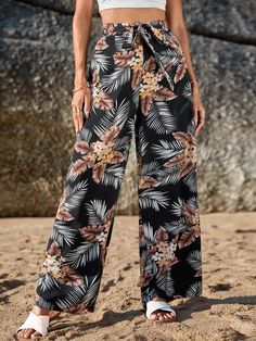 Negro Bohemio Collar  Tela tricotada Tropical Pierna ancha Embellished No-Elástico  Ropa de Mujer Black Boho, Women Pants, Men's Beauty, Tropical Print, Wide Leg Trousers, Leg Pants, Women Clothing, Woven Fabric, Wide Leg Pants