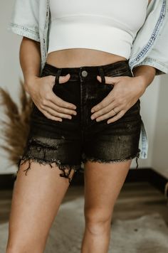 Elevate your summer style with our Women's High Rise Cut Off Distressed Risen Shorts. With a rise of 10 1/2" and an inseam of 3 1/2" in size S, these shorts will flatter your figure. Made from a blend of 80% cotton, 18% polyester, and 2% spandex, they offer the perfect blend of comfort and style. Model is 5'7" with a 24" waist and 35" hips. Sweater Blouse, Cropped Tank Top, Jeans Dress, Dress Accessories, Cut Off, Summer Style, Extra Large, High Rise, Summer Fashion