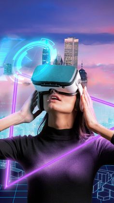 a woman wearing a virtual reality headset in front of a futuristic cityscape