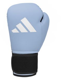 the adidas boxing gloves are light blue and white