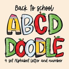 back to school abc doodle font with pencils and apple