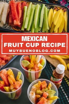 This Mexican fruit cup recipe is incredibly easy and you'll love the flavors of the sweet, in-season fruit cut into spears drizzled with lime juice and topped with a sprinkle of Tajin. Not only do these fruit cups add color to your meal, they add lots of nutrients too! How To Make Fruit Cups, Fruit Mexican Style, Tropical Fruit Cups, Fruit Cups Wedding, Fruit Cups For Party Ideas, Mexican Fruit Table Ideas Wedding, Homemade Fruit Cups, Tajin Fruit Cups, Chamoy Fruit Cups