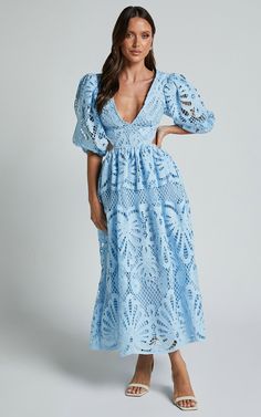 Anieshaya Midi Dress - V Neck Cut Out Lace Dress in Soft Blue | Showpo USA Guest Attire, Wedding Attire Guest, Cocktail Party, Midi Length, Wedding Guest, Lace Dress, Cut Out, Cocktail Dress, Dress Up