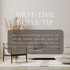 a living room scene with the text first - time buyer tip