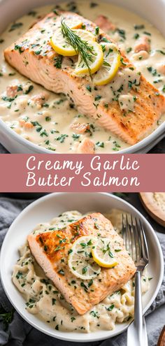 creamy garlic butter salmon with lemon sauce in a white bowl