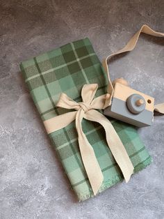 a camera wrapped in a green and white plaid cloth with a bow on the end