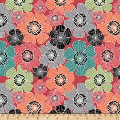 an image of a flower pattern on a red background with black, green, and orange flowers