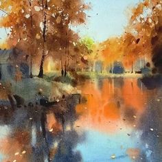 a painting of trees and water in the fall