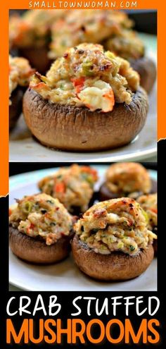 crab stuffed mushrooms on a plate with text overlay