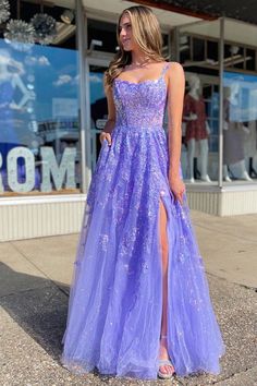 Look stunning in this romantic Lavender Tulle Sequin Scoop Neck A-Line Long Dress with Slit. This glamorous gown showcases a beautiful scoop neckline, open back, delicate lace appliques, and a dramatic side slit. Perfect for prom, special occasions, or any night you want to shine!

SKU: MD0506
Tulle Fabric
Full Length
Size: US 0-26 W. Check our Size Chart to get your correct size. 
Recommend custom size for plus size.
Free custom size service is available. Email your exact measurements once order is placed. 
Fully lined & Built with bra
Processing time: 10-15 business days. 
If you want to speed up your dress processing time, please put in the link of rush order fee into your shopping cart to check out with the item you want. And email us the date when you need it once the order is placed. Vestido Color Lila, A Line Long Dress, Purple Prom, Lace Formal Dress, Cute Prom Dresses, Evening Dress Fashion, Pretty Prom Dresses, Grad Dresses, Tulle Lace