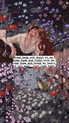 an image of two people kissing in the middle of flowers and plants with words above them