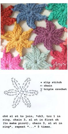 crochet snowflake pattern with instructions to make it look like they are in different colors