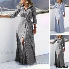 Olivia Mark - Striped Linen and Cotton Blend Midi Dress with Three-Quarter Sleeves Long Dress Korean Style, Dresses Korean Style, Long Dresses Elegant, Split Long Dress, Striped Shirt Dress, Tonga, Vestido Casual, Elegant Shirt, Casual Lace