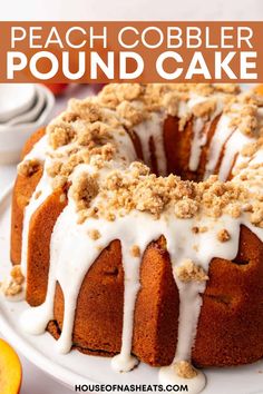 This Peach Cobbler Pound Cake is ultra-moist with a buttery, plush crumb and plenty of chunks of fresh peaches in every bite and a crumble topping both outside and inside the cake. It's the perfect summer bake for your bundt pan! | peach cobbler pound cake recipe | peach cobbler pound cake recipes moist | peach cobbler pound cake from scratch | homemade peach cobbler pound cake | peach cobbler pound cake with fresh peaches | recipe for peach cobbler pound cake Cake Recipes Moist, Pound Cake Recipes Moist, Cake Peach Cobbler, Recipe For Peach Cobbler, Pound Cake From Scratch, Peach Cobbler Pound Cake Recipe, Peach Cobbler Pound Cake, Peach Cobbler Cake, Homemade Peach Cobbler