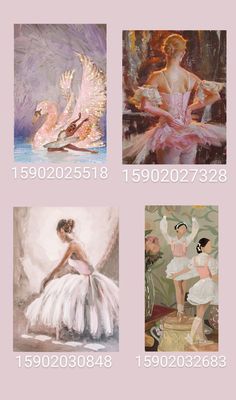 four different pictures of women in white dresses and swan costumes, with numbers on them