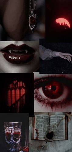 a collage of images with blood and an open book in the middle one has a red eye on it