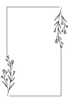 a black and white drawing of flowers in a rectangle frame on a white background