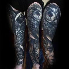 an owl and skull tattoo on the arm is shown in black and grey colors, with two