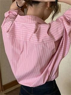 Long Sleeve Elegant Striped Blouse Shirt – Nada Outfit Land Pink Oversized Long Sleeve Shirt, Oversized Long Sleeve Pink Blouse, Agent Outfit, Casual Korean Style, Pink Striped Shirt, Striped Shirts, Straight Clothes, Coachella Valley, Casual Day Outfits