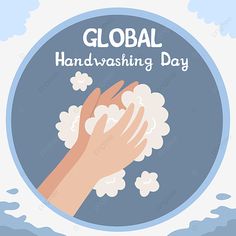 a person washing their hands with soap on a blue and white background, text reads global handwashing day