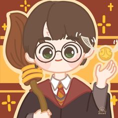 a harry potter character holding a golden ball and wand with both hands in front of her face