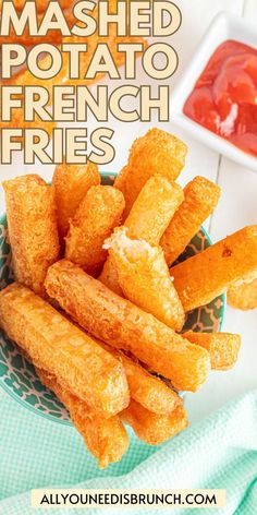 Overhead shot of bowlful of golden, crispy-on-the-outside, soft-on-the-inside mashed potato French fries. Fried Potato Croquettes, Fair Fries Recipe, Better Than French Fries Potatoes, Crispy Potato Wedges In Oven, Potato Noche Recipe, Best Potatoes For French Fries, Mash Potato Fries, Easy Fried Recipes, French Fry Ideas