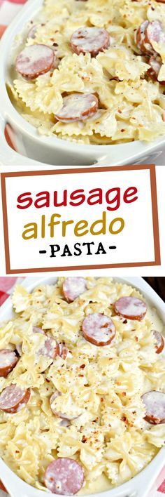 two plates with different types of food on them and the words sausage alfredo pasta above it