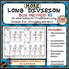 the long division box method for dividing numbers from 1 to 10 with instructions and worksheets