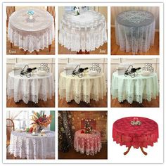 several pictures of different lace tablecloths