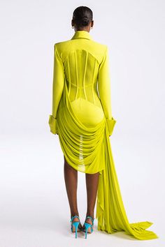 DetailsMaster a draped trend with electric color dresses as the go-to for special events. Featuring an oversized pointed collar with a striking V neckline. the elongated long sleeves with split cuffs. the fitted panel of the draped dress is designed with semi-sheer mesh and partially boned seams. ruched detailing at the waist enhances your curves. the hidden zip closure at the back that ensures a seamless and daring appearance. and its short dress cut accented with a draping design. this sexy mi Draping Design, Color Dresses, Corset Mini Dress, Draped Dress, Looks Chic, Evening Party Dress, Dress Cuts, Corset Dress, Neon Yellow