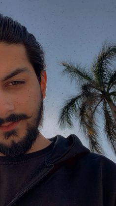 a man with a beard standing in front of a palm tree